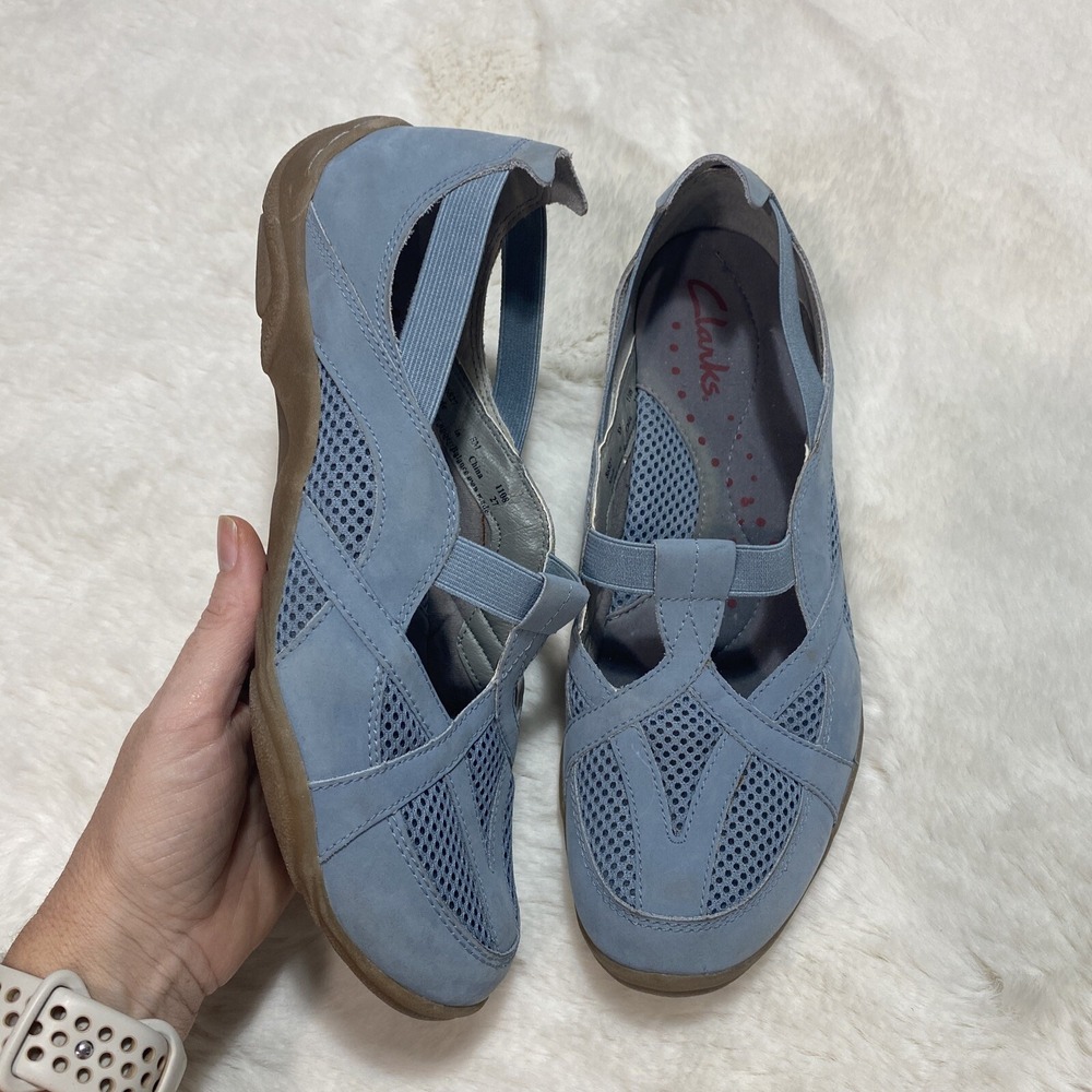 Clarks Womens 8M Dusty Blue Leather Mesh Mary Jane Sport Flats 86827